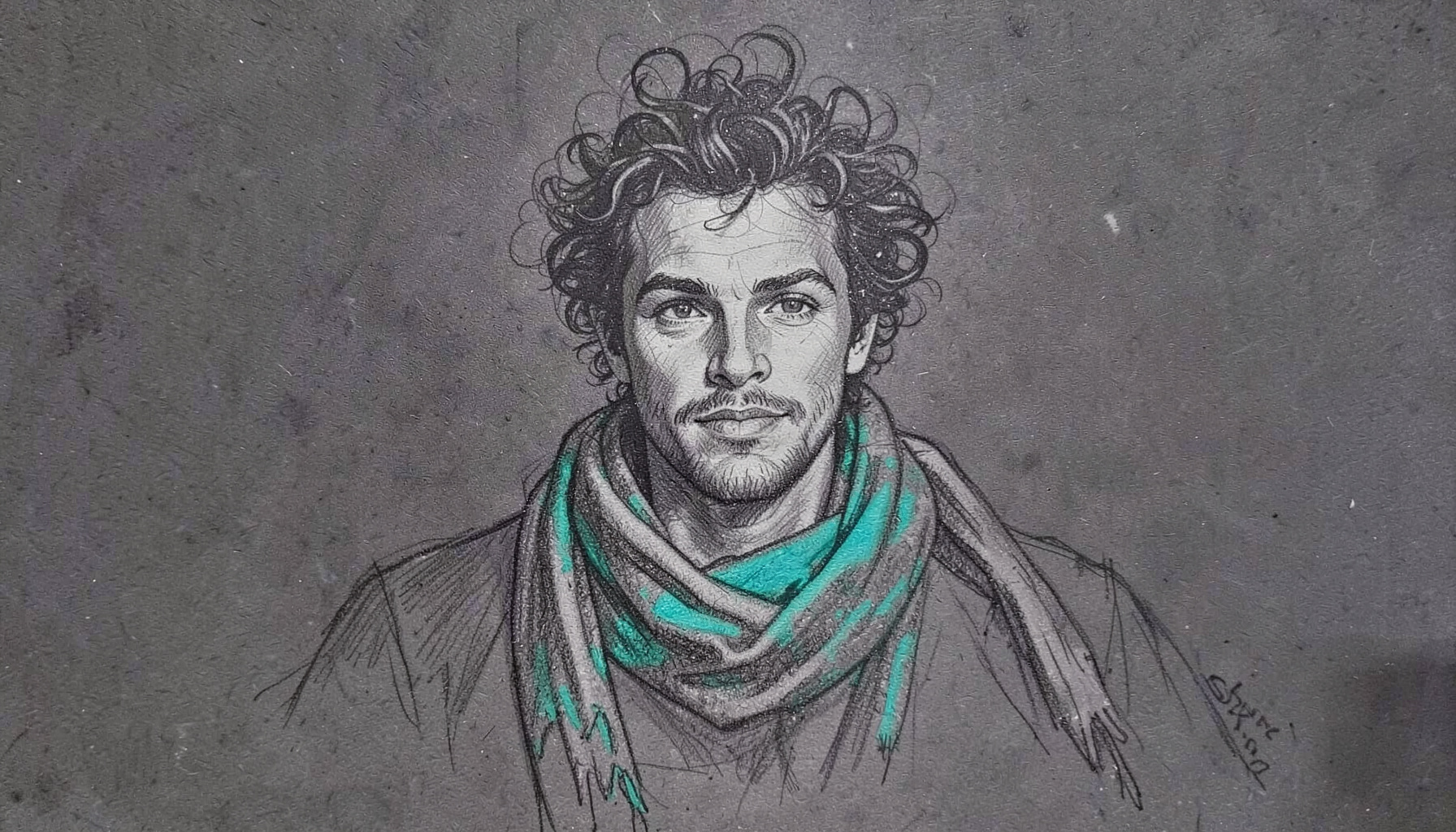 Graphite pencil sketch of a man with wild curly hair and a long striped scarf, energetic loose strokes on dark paper