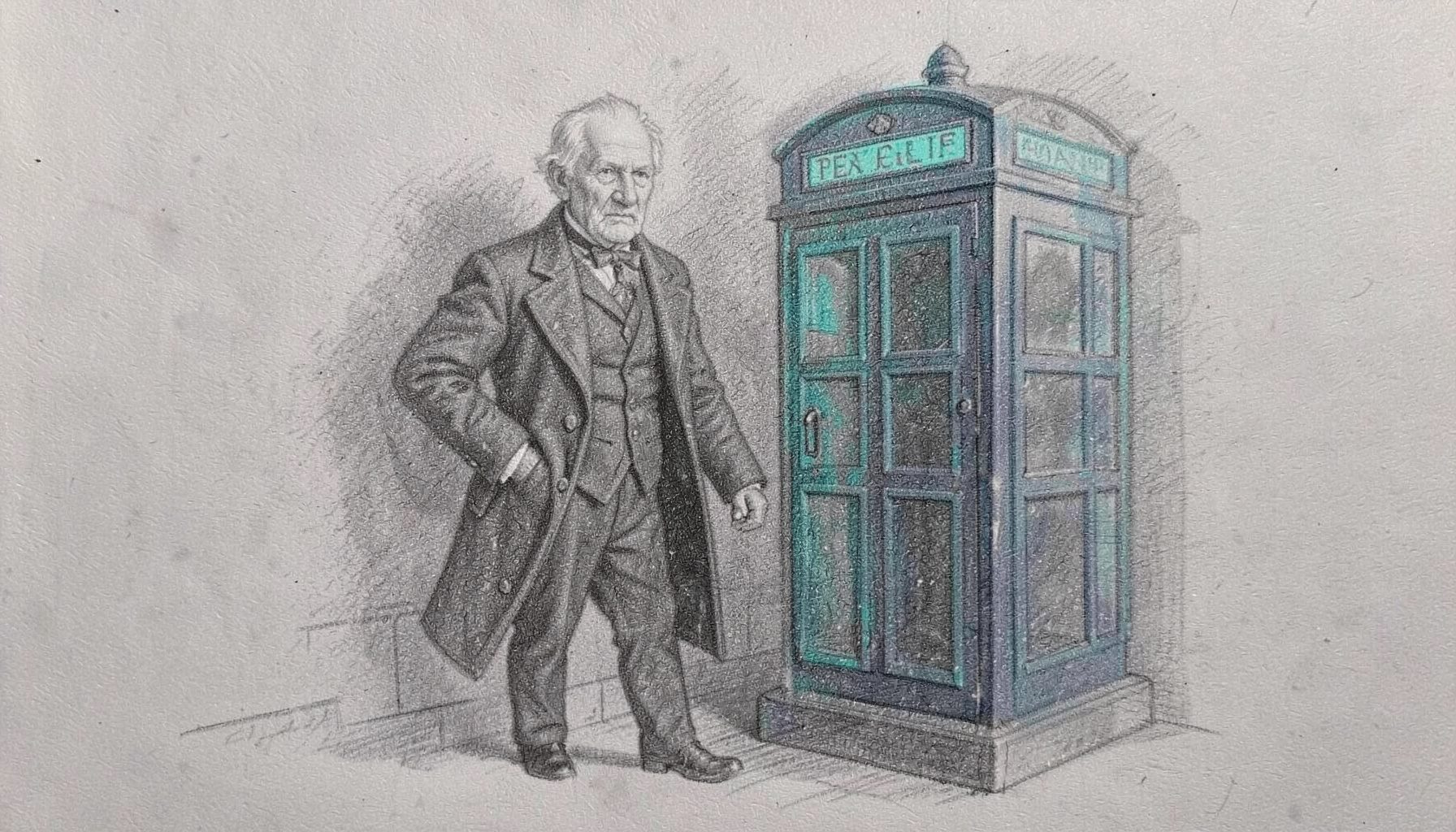 Graphite pencil sketch of an elderly man in Edwardian attire standing beside a blue police box, soft grey shading on dark paper