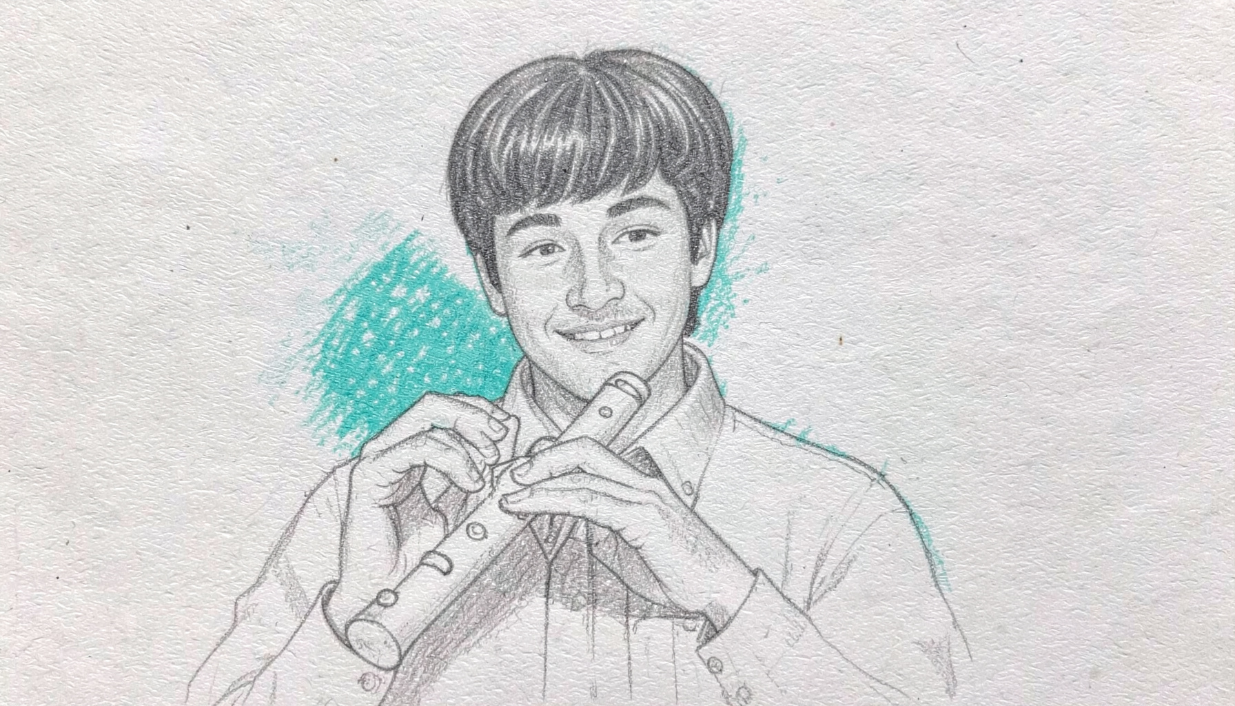 Graphite pencil sketch of a slight man with a Beatles-style haircut playing a recorder, whimsical linework on textured paper