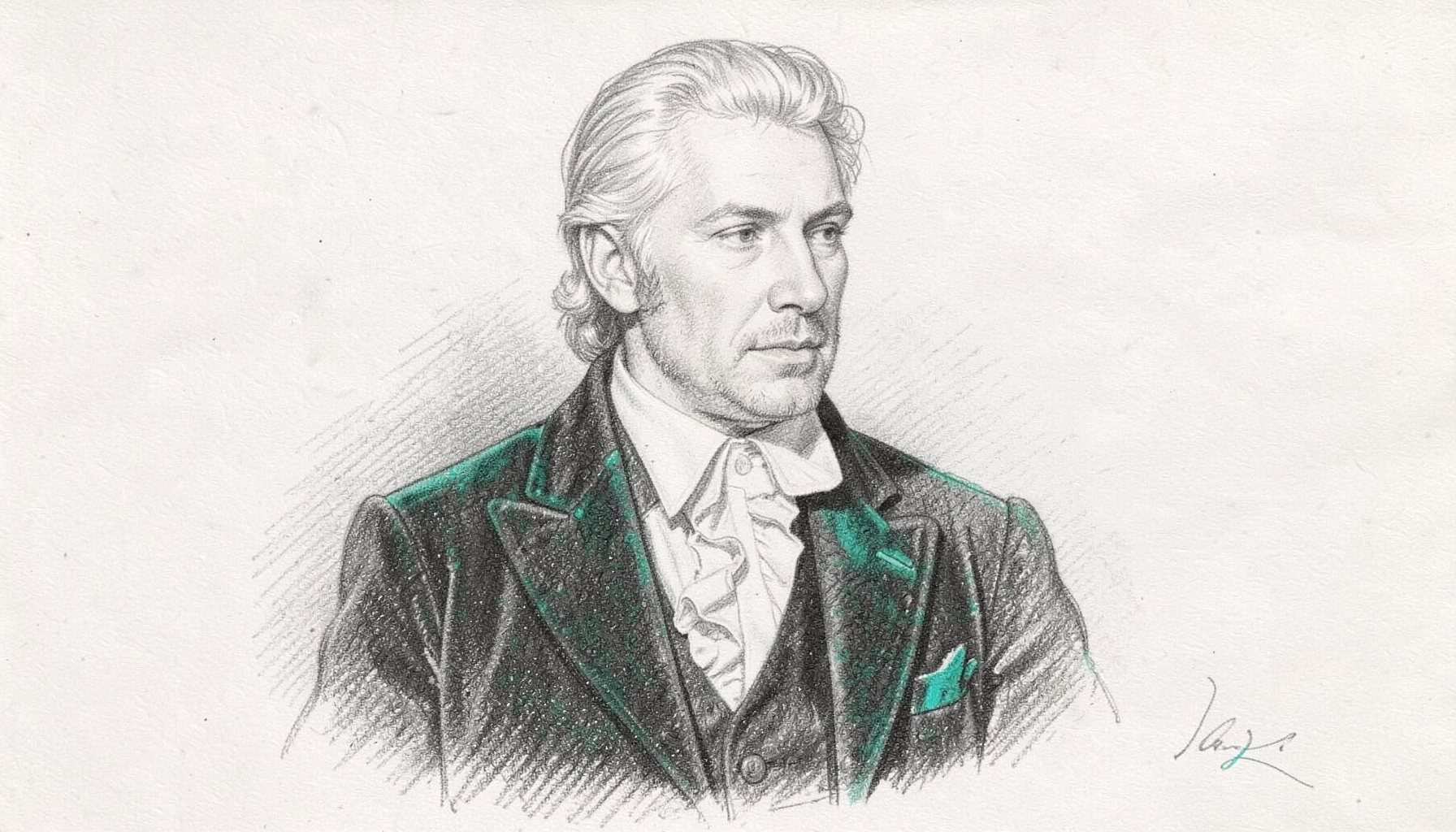 Graphite pencil sketch of a white-haired man in a velvet smoking jacket and ruffled shirt, elegant cross-hatched shading