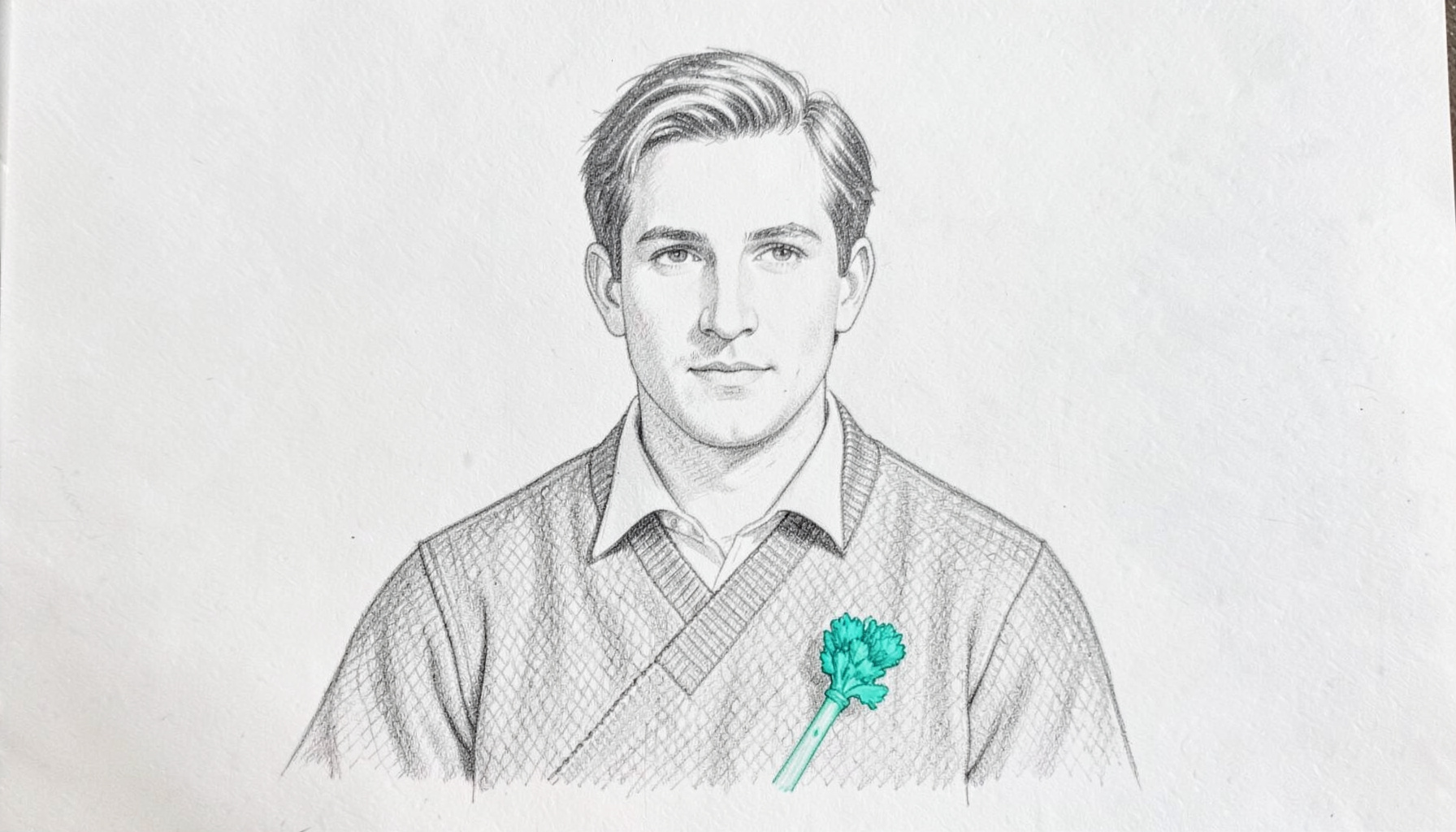 Graphite pencil sketch of a fair-haired man in a cricket jumper with a celery stalk on his lapel, clean precise lines
