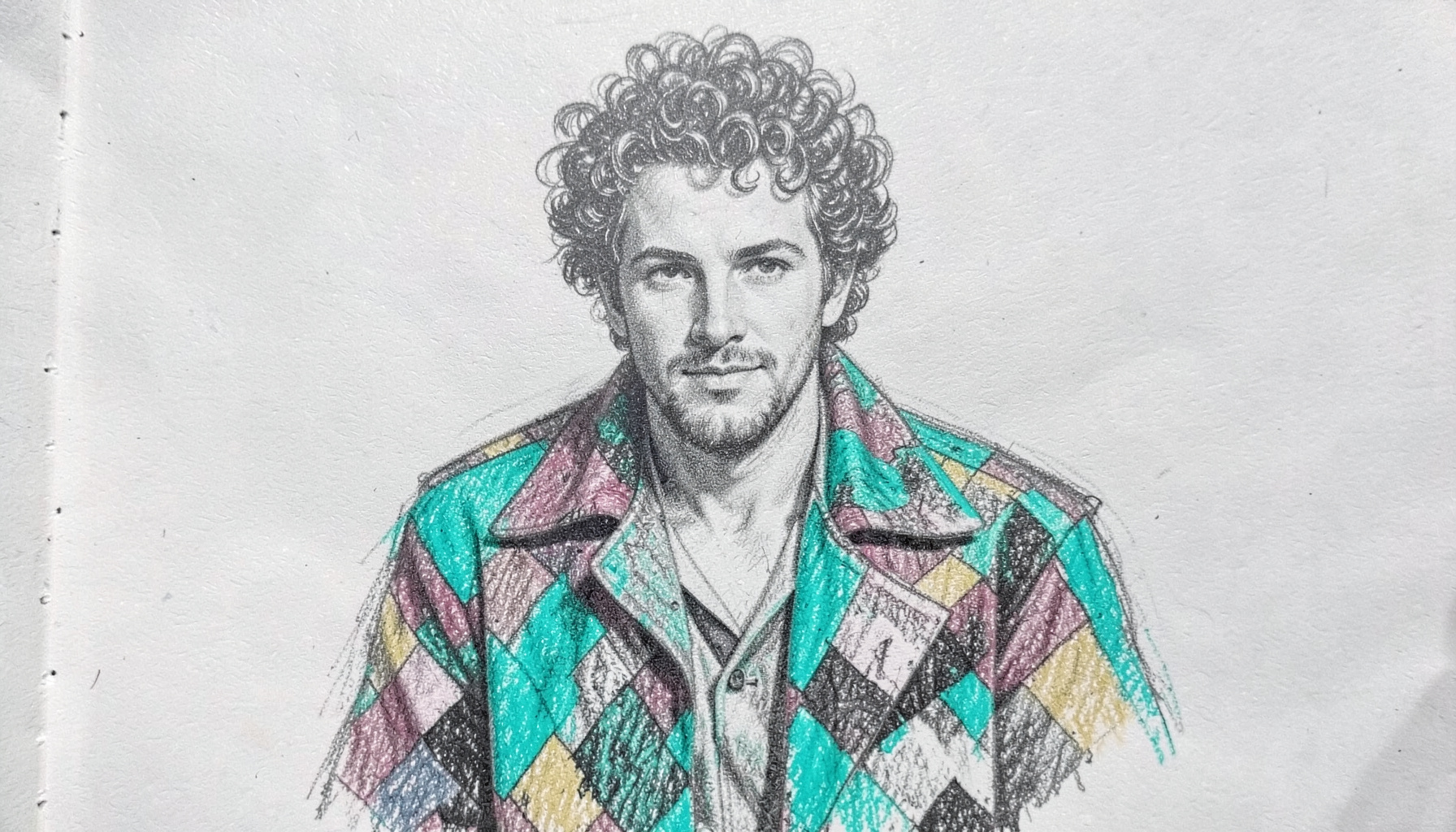 Graphite pencil sketch of a curly-haired man in a garish patchwork coat, bold contrasting pencil tones