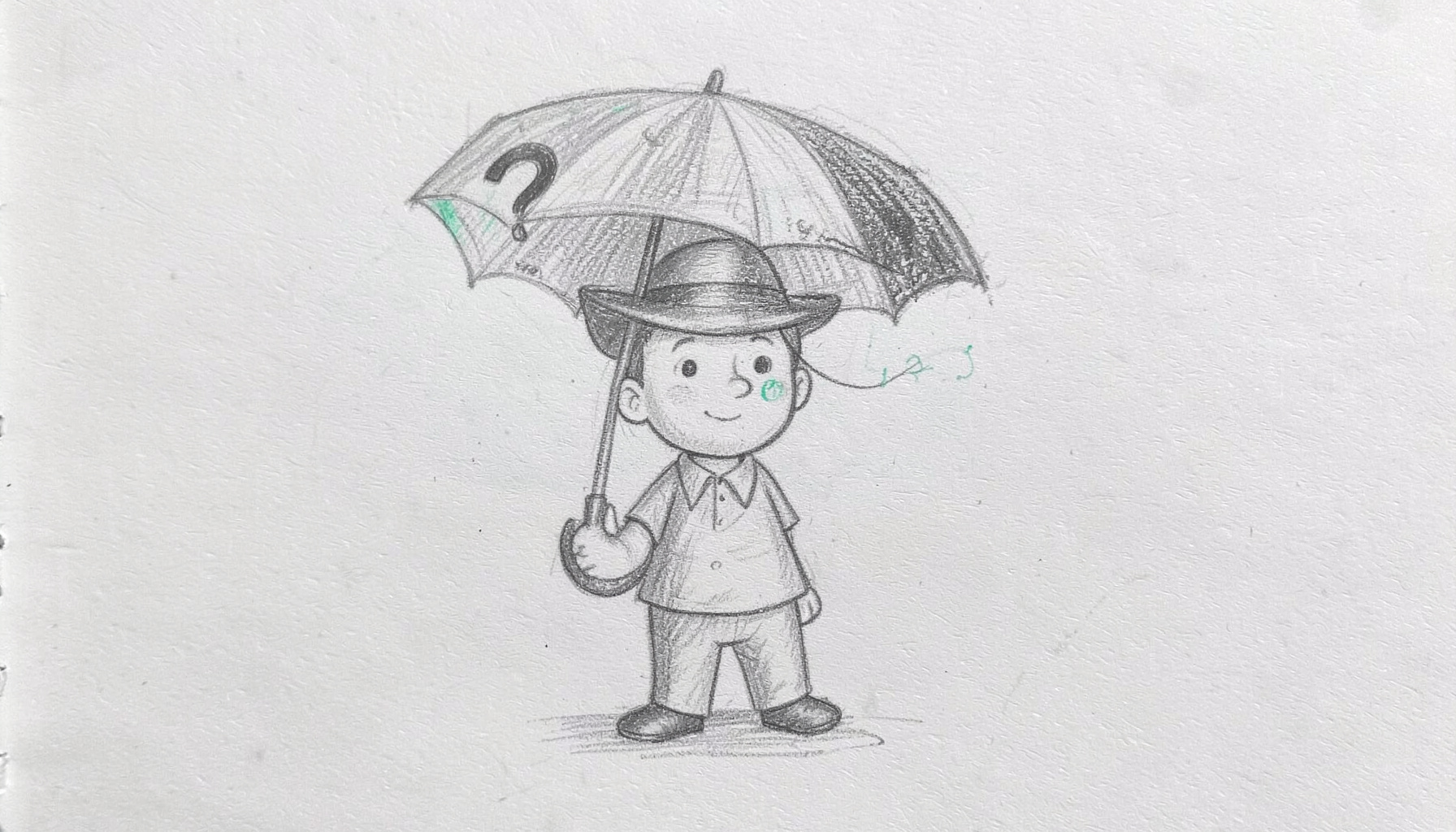 Graphite pencil sketch of a small man with a question-mark umbrella and a panama hat, gentle rounded shading