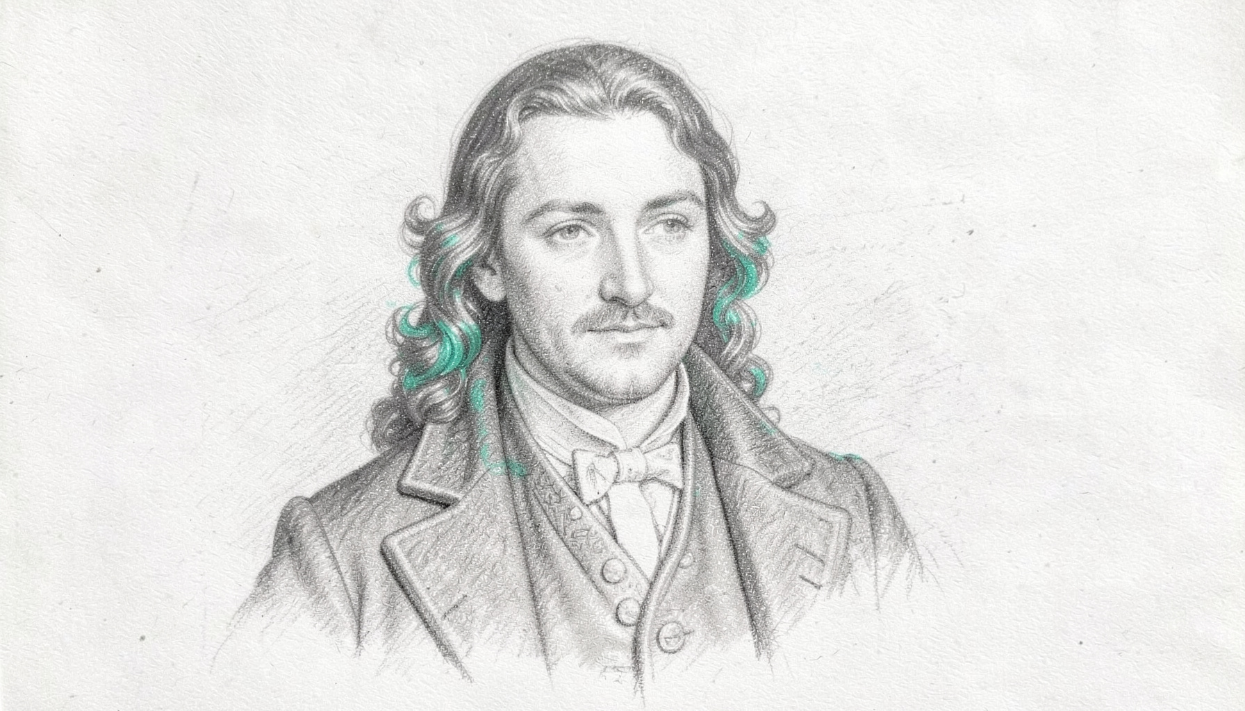 Graphite pencil sketch of a man with long wavy hair in a Victorian frock coat, romantic soft-focus graphite rendering