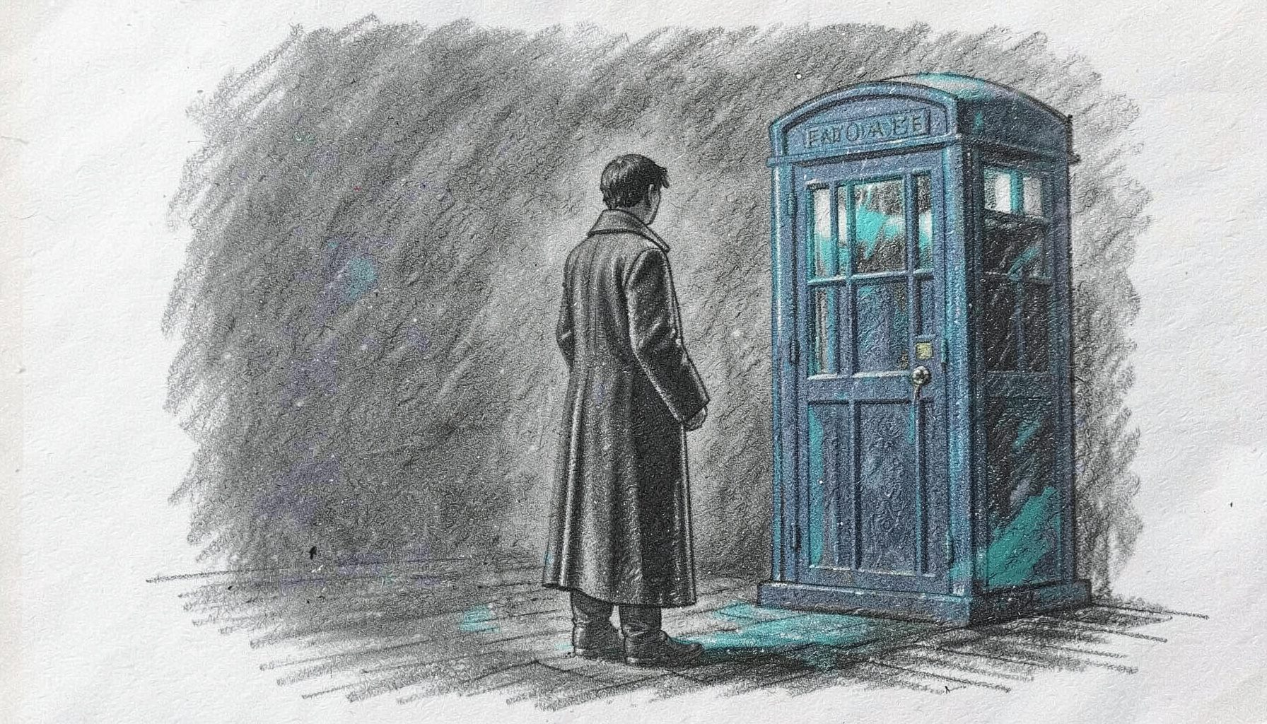Graphite pencil sketch of a lone figure in a long coat standing before a blue police box silhouette, dark atmospheric shading with soft highlights, moody and contemplative
