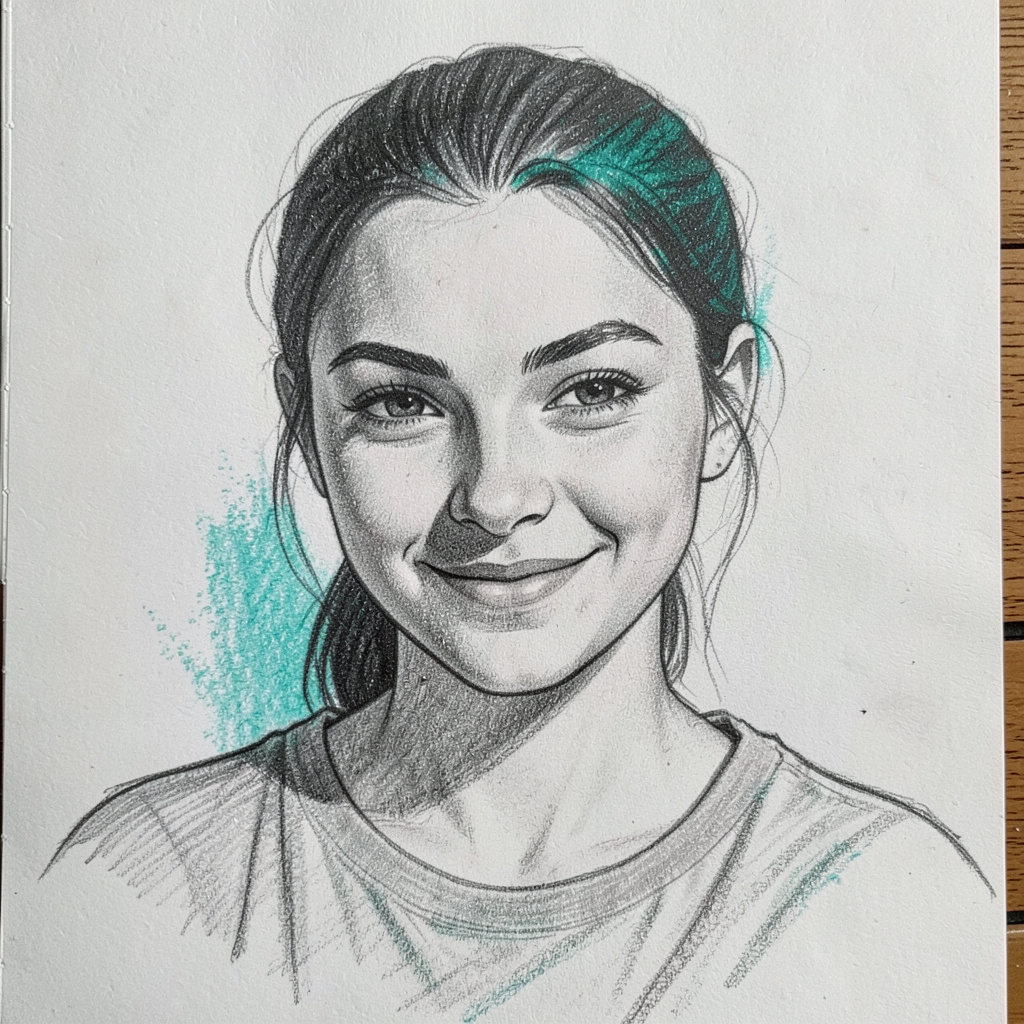 Graphite pencil sketch of a teenage girl with a confident smirk, dark hair pulled back, bold strokes, high-contrast shading