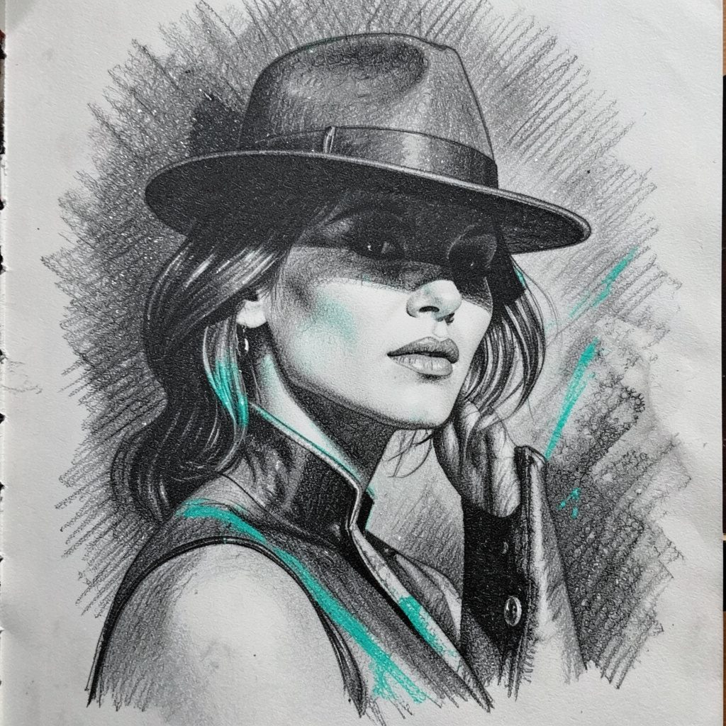 Graphite pencil sketch of a woman in a noir-inspired pose, fedora shadowing her eyes, dramatic chiaroscuro, moody greys