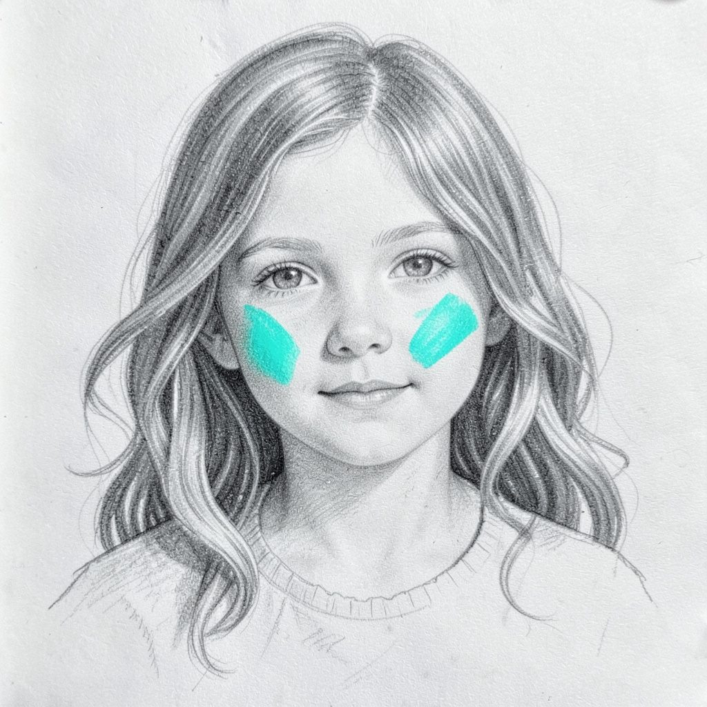 Graphite pencil sketch of a young girl with wavy hair, soft shading, gentle expression, monochrome tones
