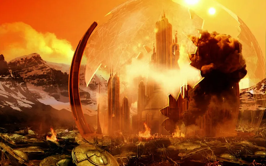 A shattered glass dome enclosing futuristic towers amid fire and smoke, with mountains in the background — a dramatic sci-fi tableau in deep orange, grey, and black.