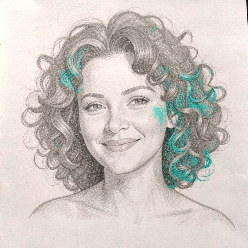 Graphite pencil sketch of a woman with voluminous curly hair, knowing smile, delicate cross-hatching, warm grey tones